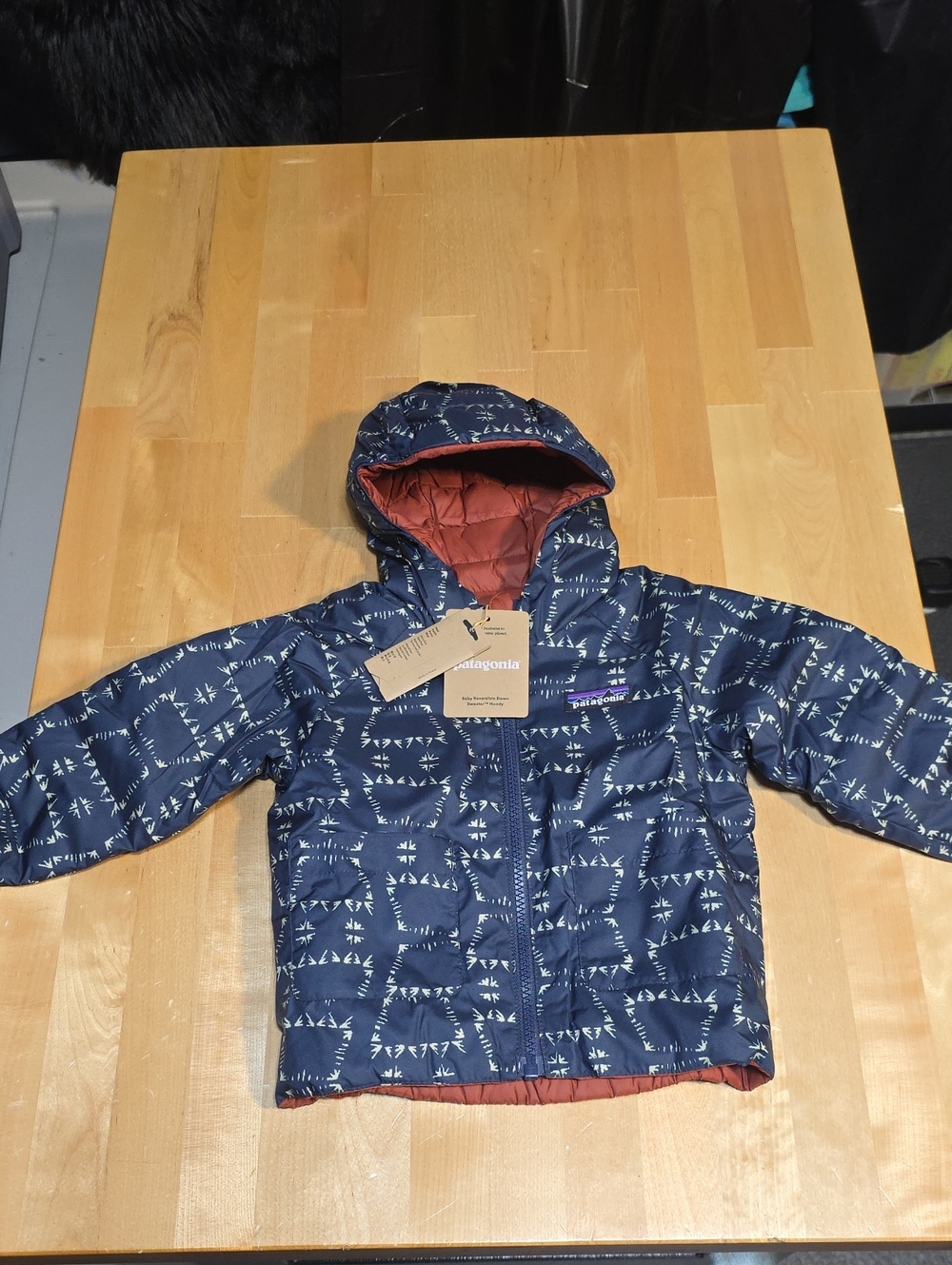 Patagonia Kids Navy Printed Hooded Puffer with Rust Lining